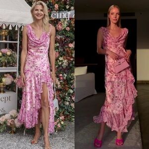 NEW NWT Cinq A Sept Raya Cowl Floral Silk Ruffle Dress Vibrant Plum Multi Pink